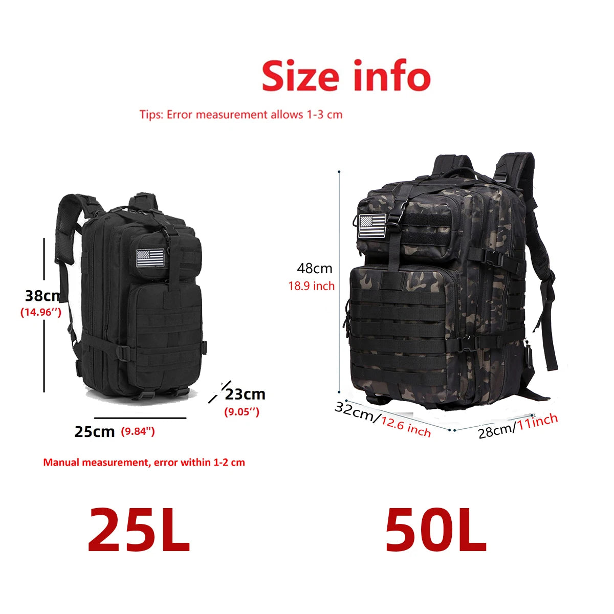Mochila tática impermeável de nylon de 25L/50L