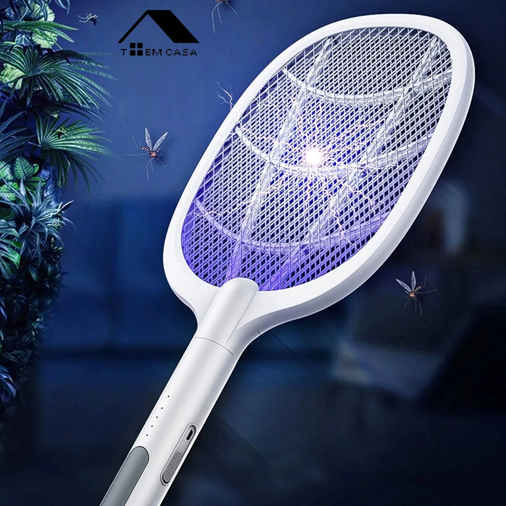 Raquete mata mosquito recarregável com suporte de mesa