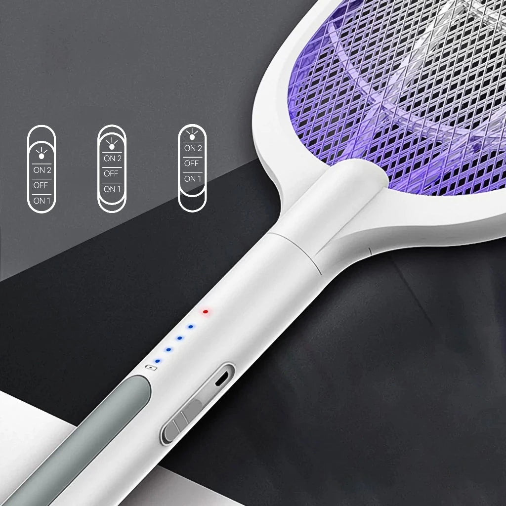 Raquete mata mosquito recarregável com suporte de mesa