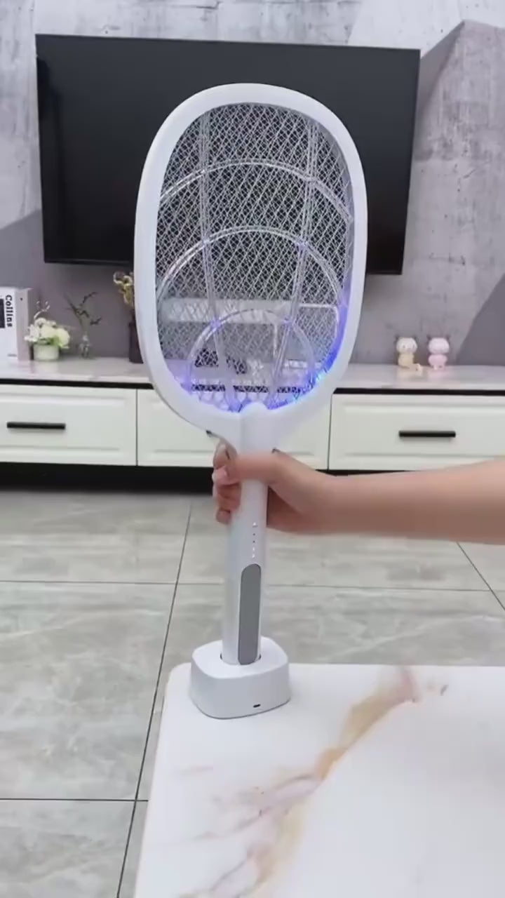 Raquete mata mosquito recarregável com suporte de mesa